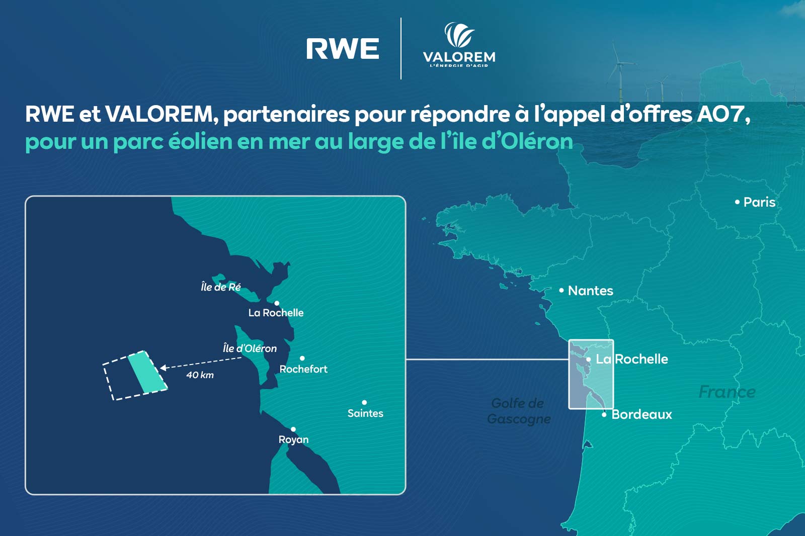 RWE et VALOREM : partenaires pour répondre à l’appel d’offres AO7 visant le développement d’un parc éolien en mer au large de l’Île d’Oléron